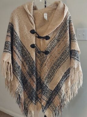 Hooded Fringe Poncho with Black Stripe Detail in Beige